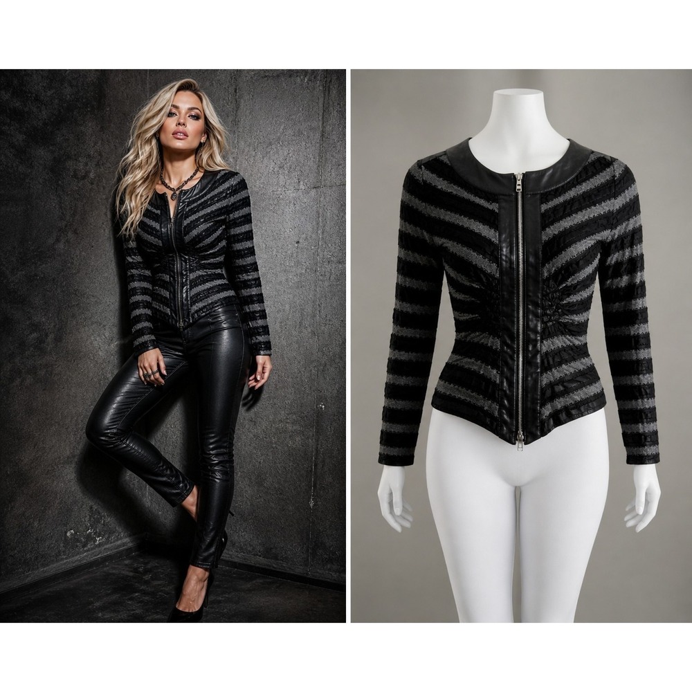 Joseph Ribkoff Jacket M Black Gray Moto Gothic Punk Grunge Leather Trim Striped